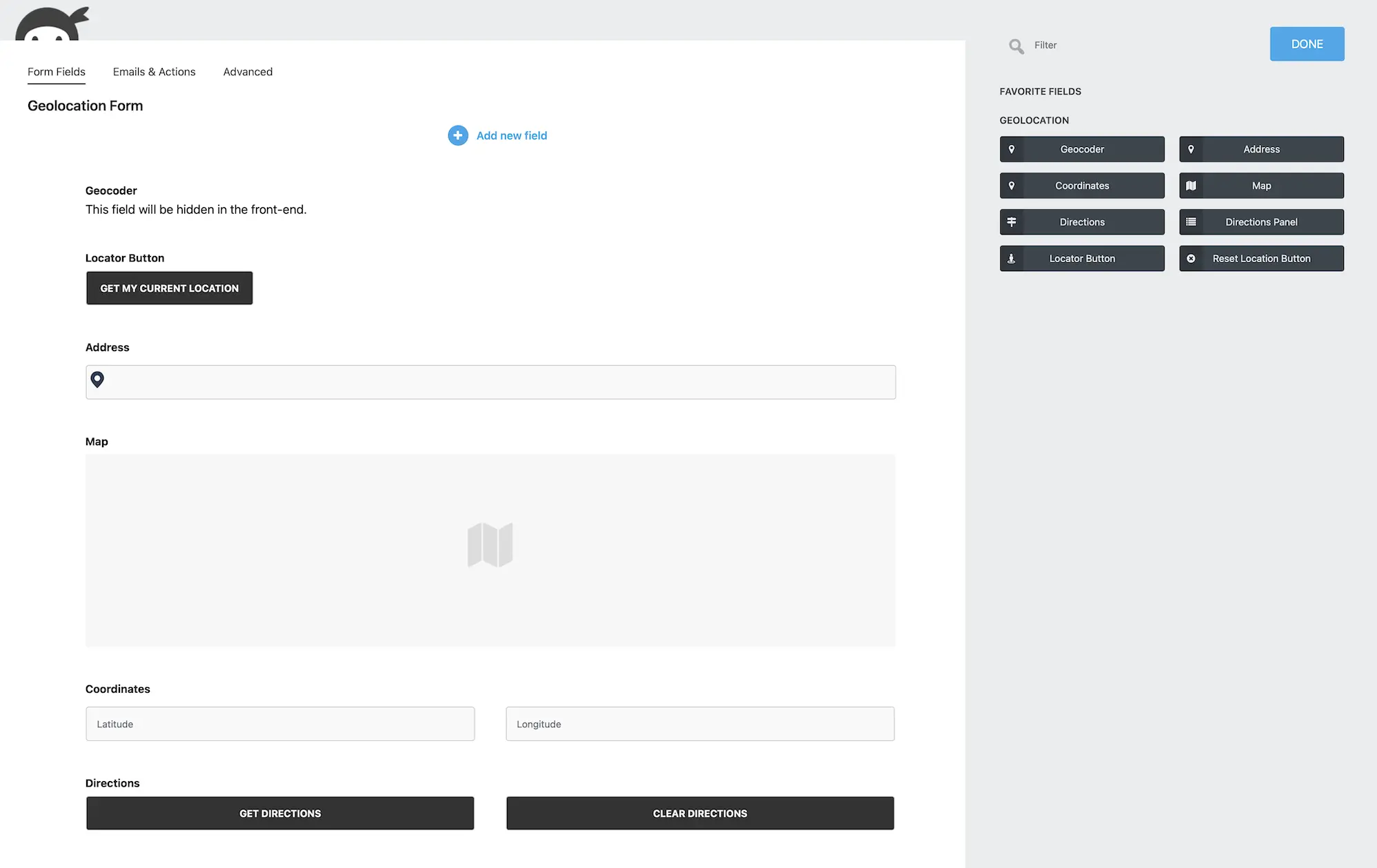 Geolocation fields form editor