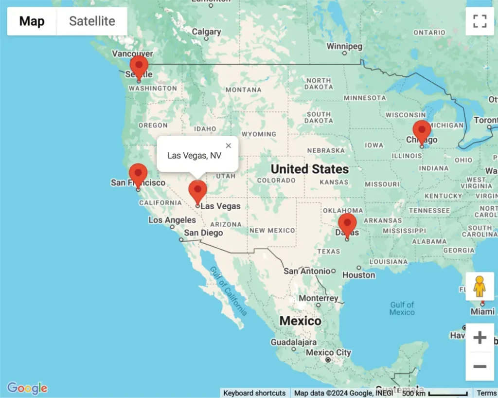 Multiple Ninja Forms submission locations displayed on an entries mashup map