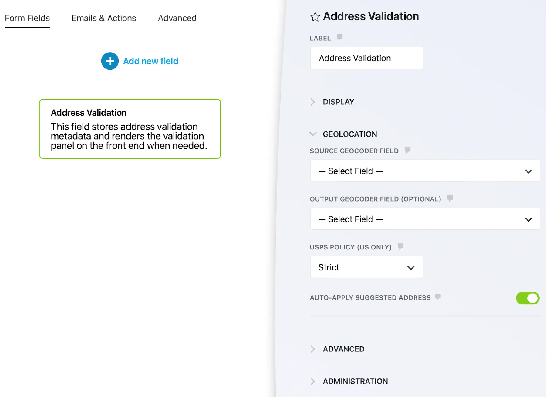 Ninja Forms Address Validation Settings