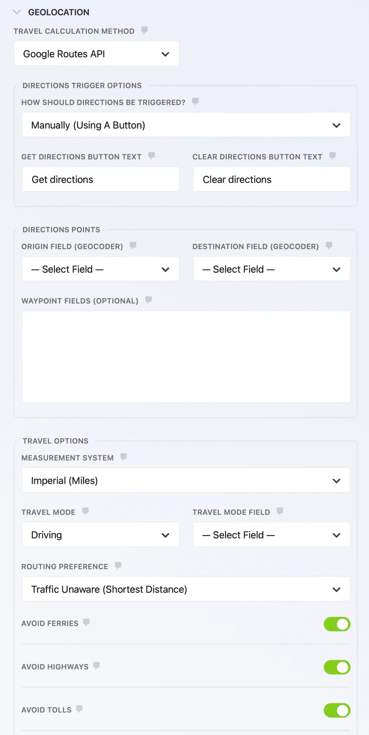 Ninja Forms Directions Field Settings