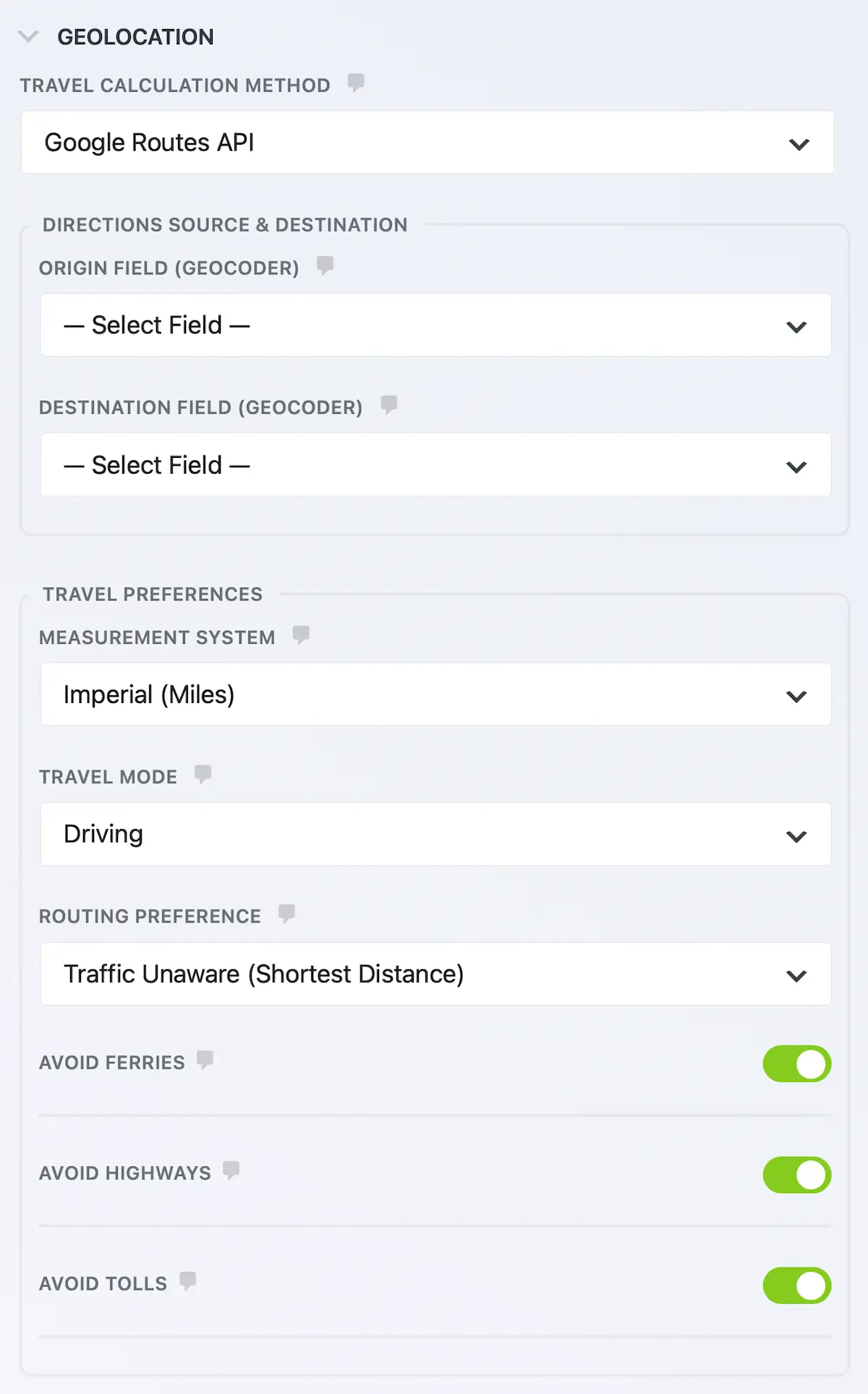 Ninja Forms Distance & Duration Field Settings